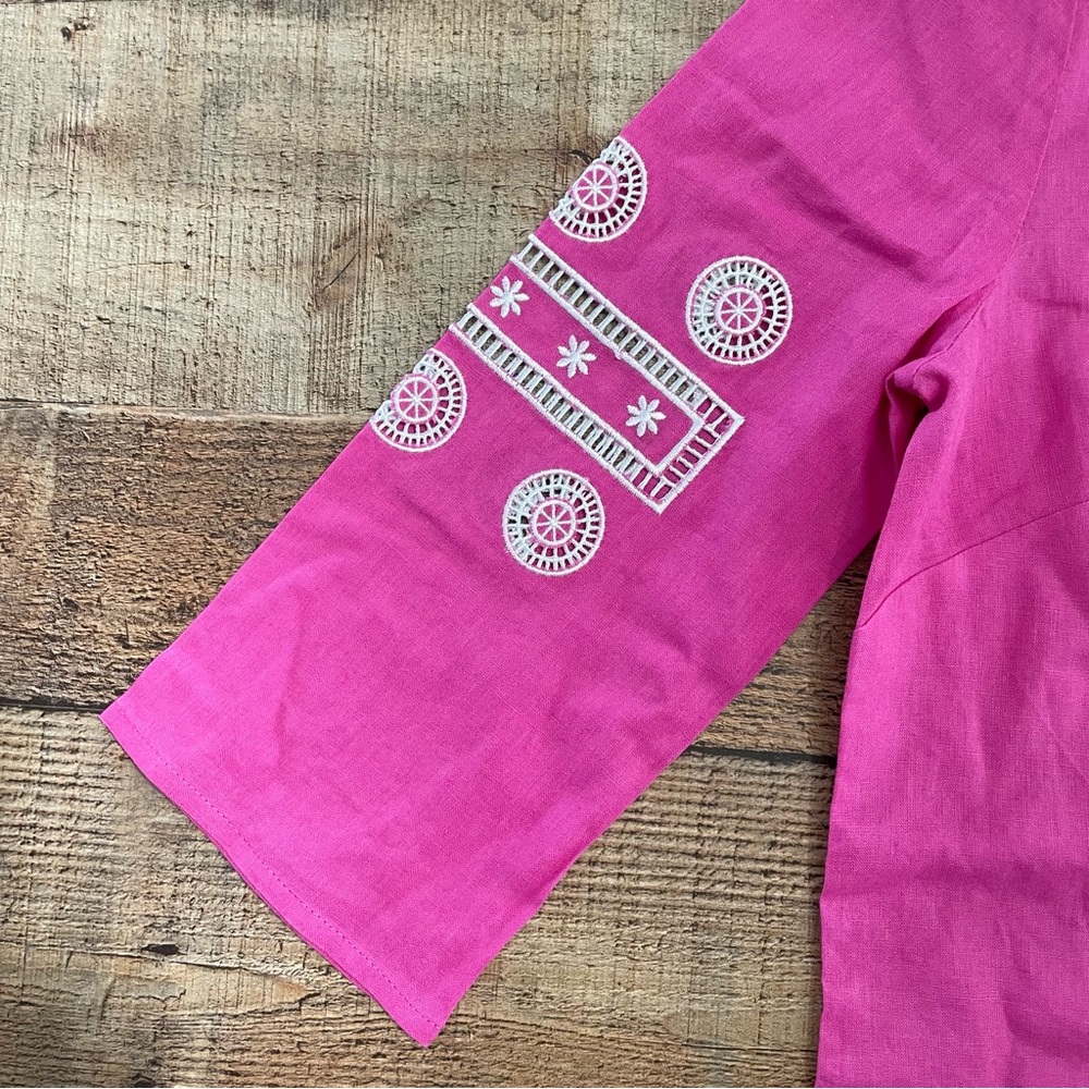 Lilly Pulitzer Wide Neck Tunic Top Linen Fuchsia Pink White Emroidery Size 0 - Picture 3 of 7